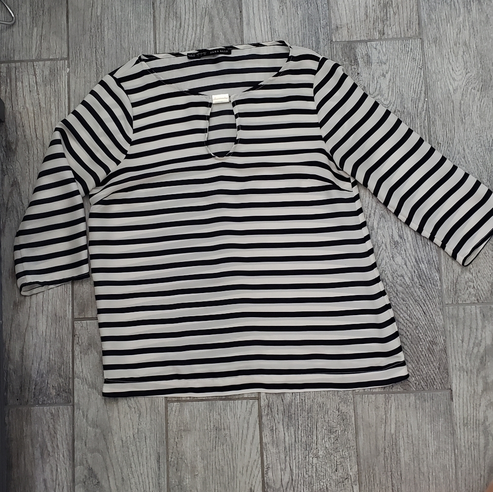 Zara Basic Navy Striped Jeweled Blouse